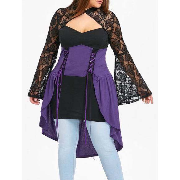  Plus Size Sheer Dip Hem Gothic Top - Purple  - Picture 1 of 8